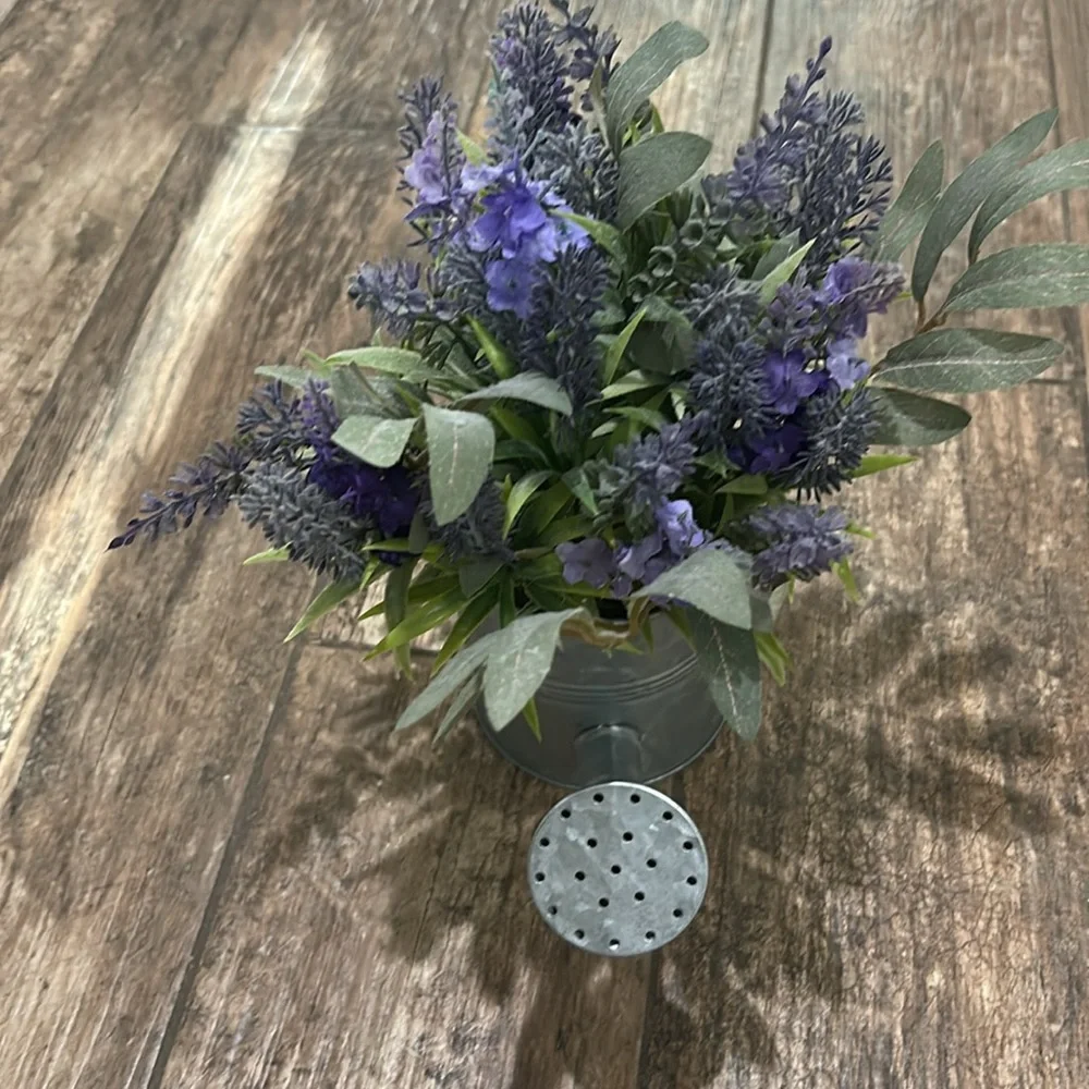 Lavender and Greenery in Silver Watering Can